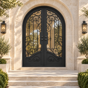 Summit Double thermally broken black steel door in a luxury limestone exterior — lifestyle visualization