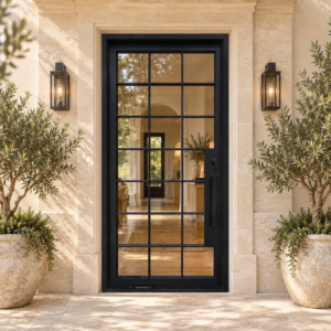 Ravelle Grid Glass Pivot Door — lifestyle visualization