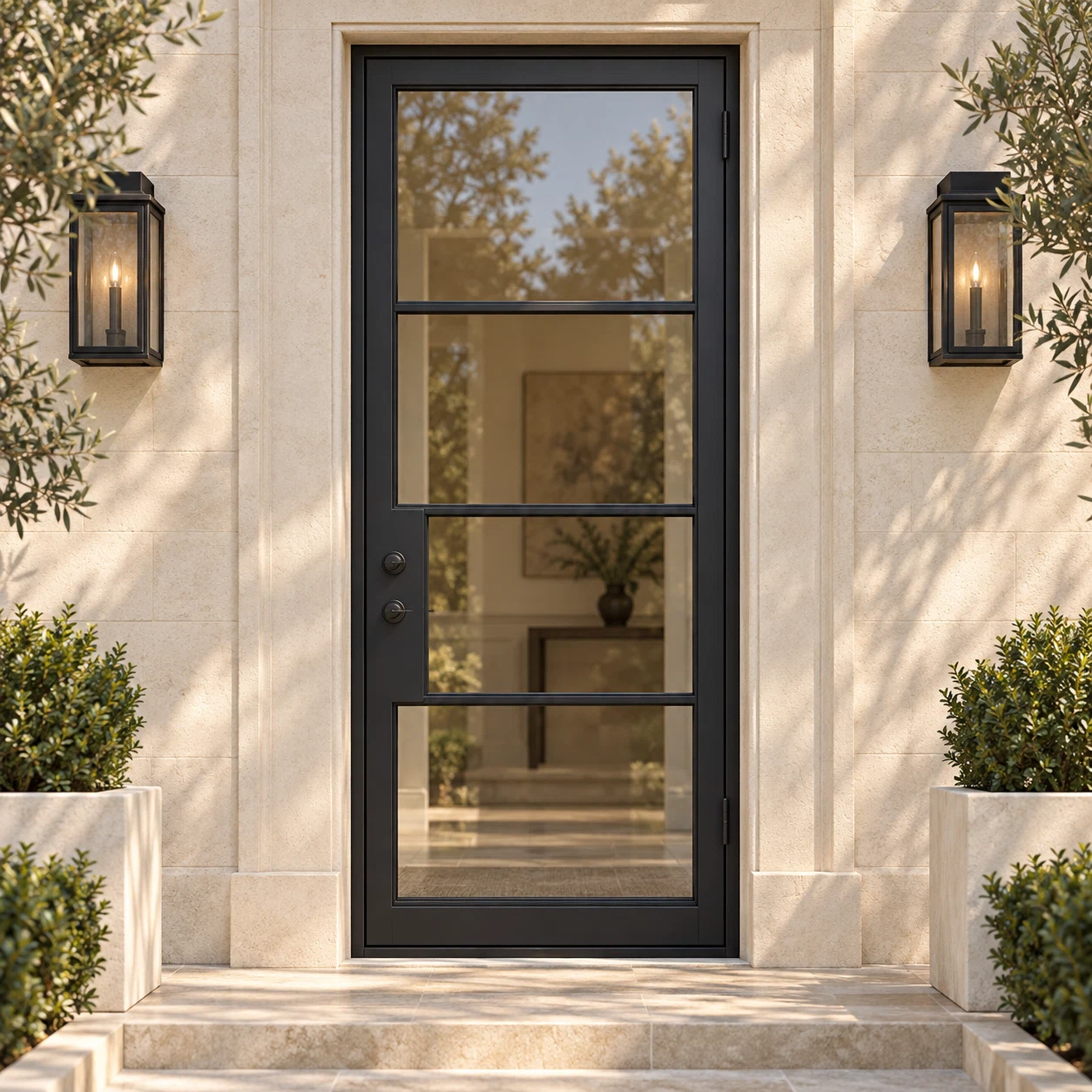 Lite 4 Single thermally broken black steel door in a luxury limestone exterior — lifestyle visualization