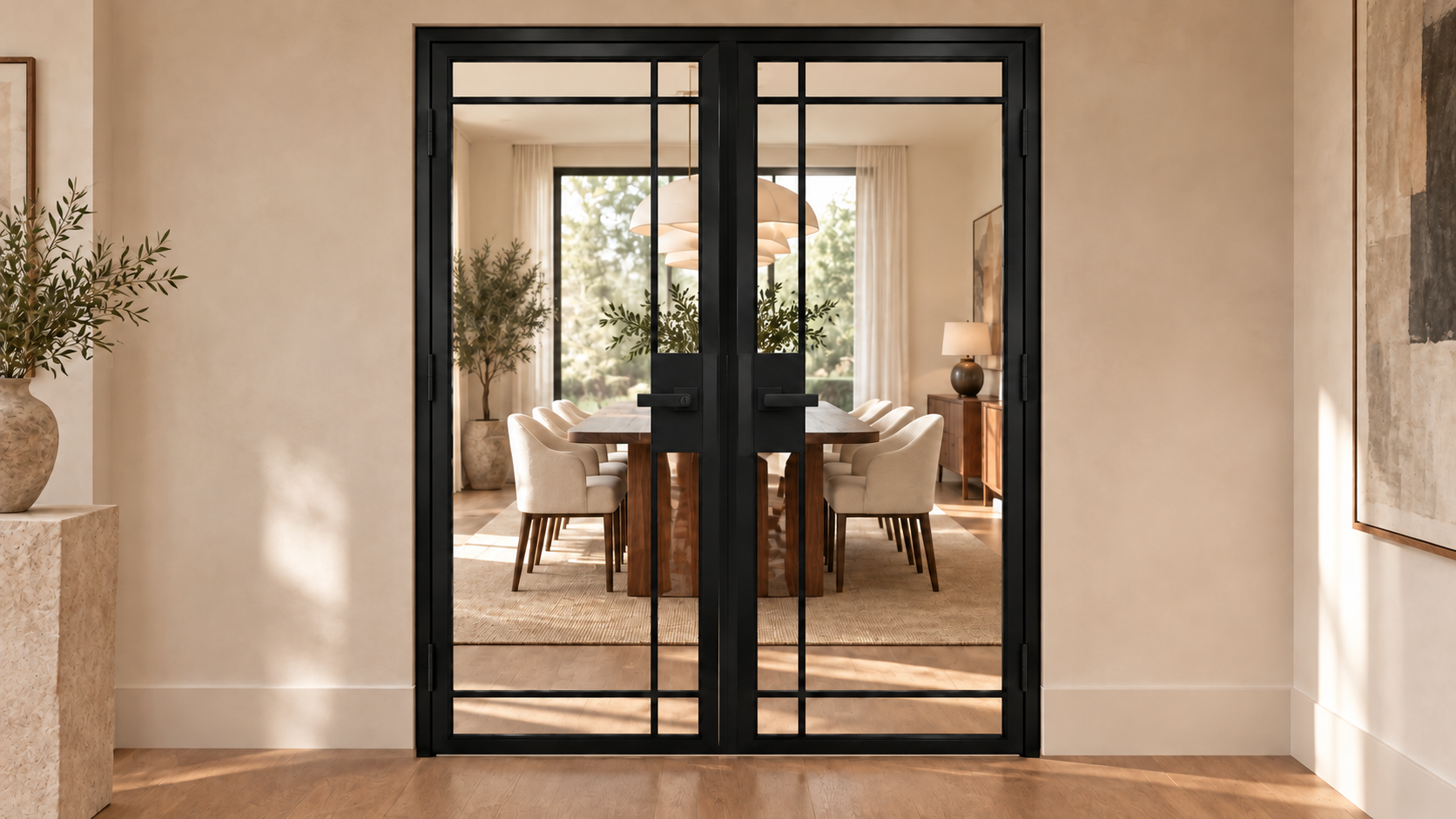 7 Lite Edgeline double interior steel door with included lever hardware – dining