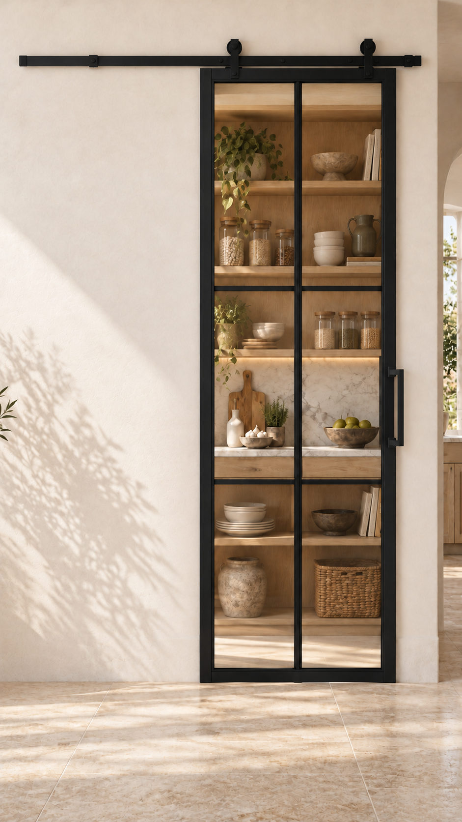 USABD 6 Lite single interior steel barn door with included rectangular pull — pantry