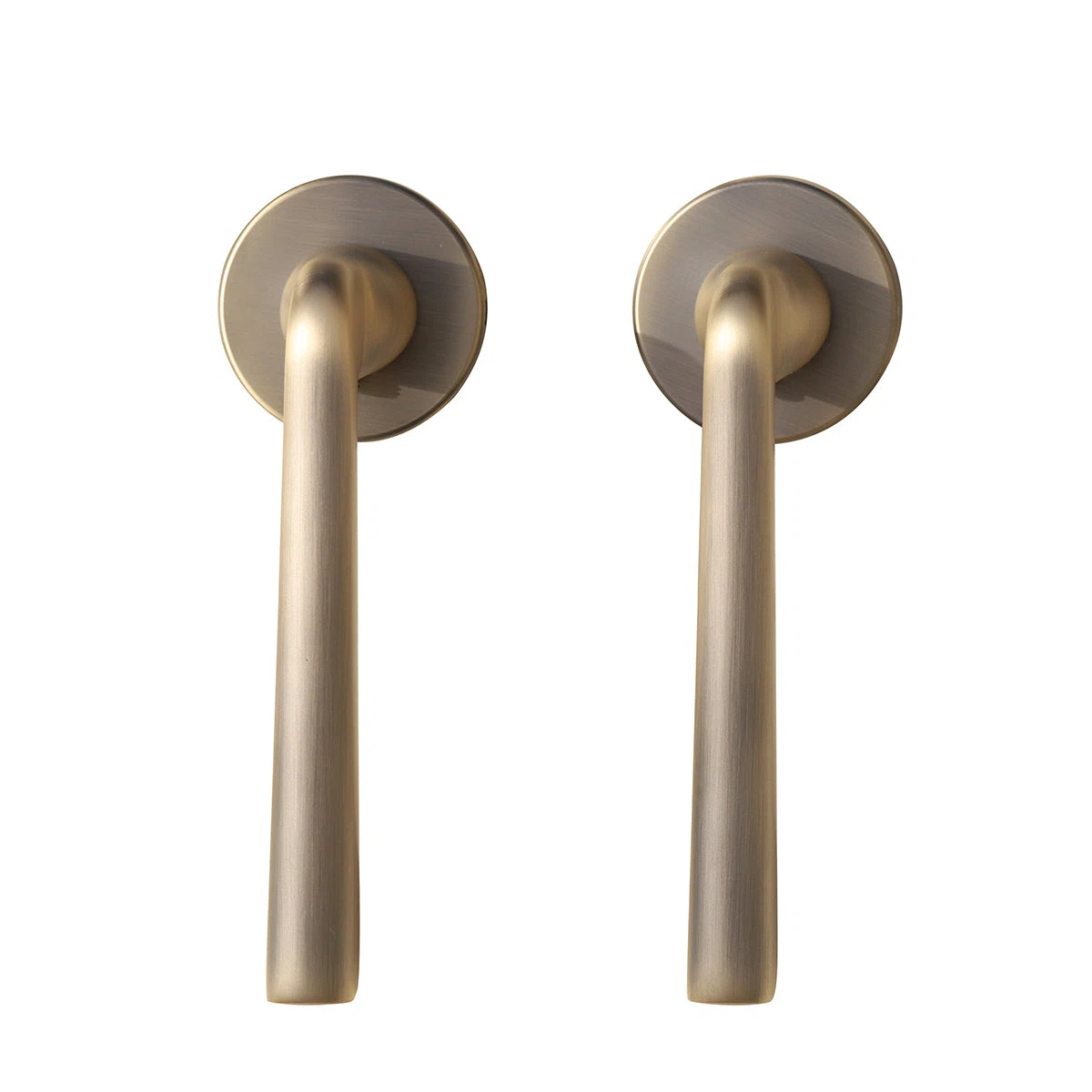 Two gold-colored metal door handles, one for each side of a door.