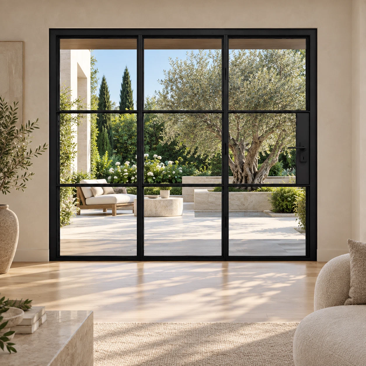 3S three-panel black steel bifold door in a limestone living room overlooking an olive courtyard — lifestyle visualization