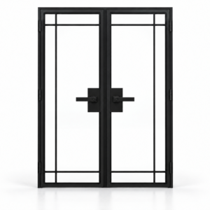 6 Lite outward-opening double interior steel door with included rectangular lever hardware — studio
