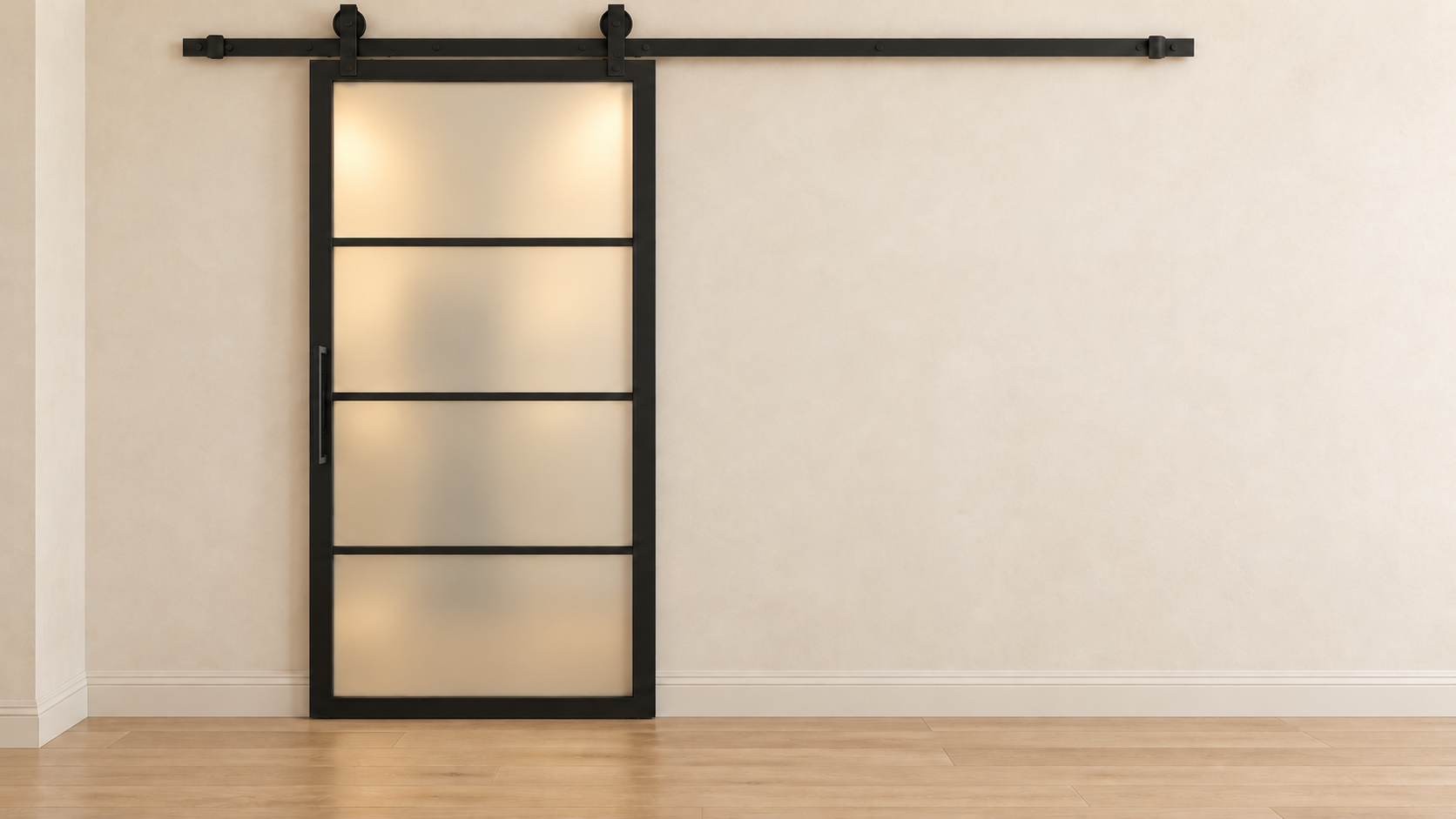 USABD 4 Lite frosted glass interior steel barn door with included rectangular pull — dressing