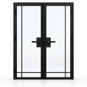 4 Lite Narrow Border Interior Steel Double Door with included lever hardware — studio view