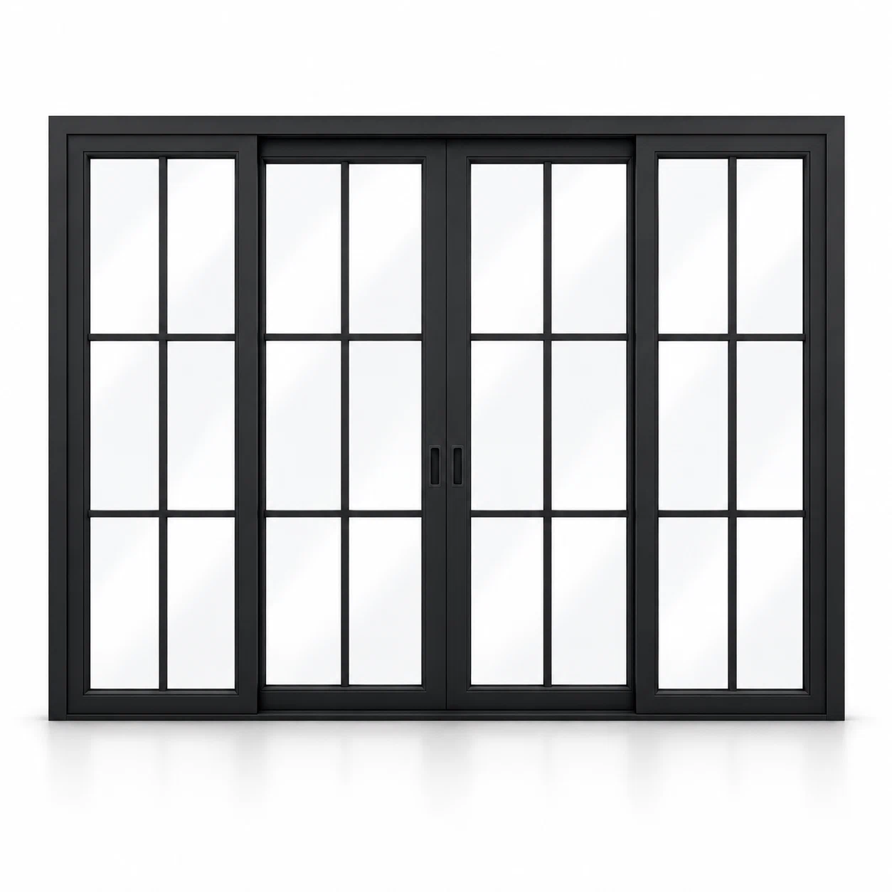 6-lite 4-panel center-opening black steel sliding door on white background — product visualization