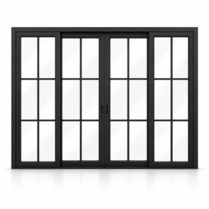 6-lite 4-panel center-opening black steel sliding door on white background — product visualization