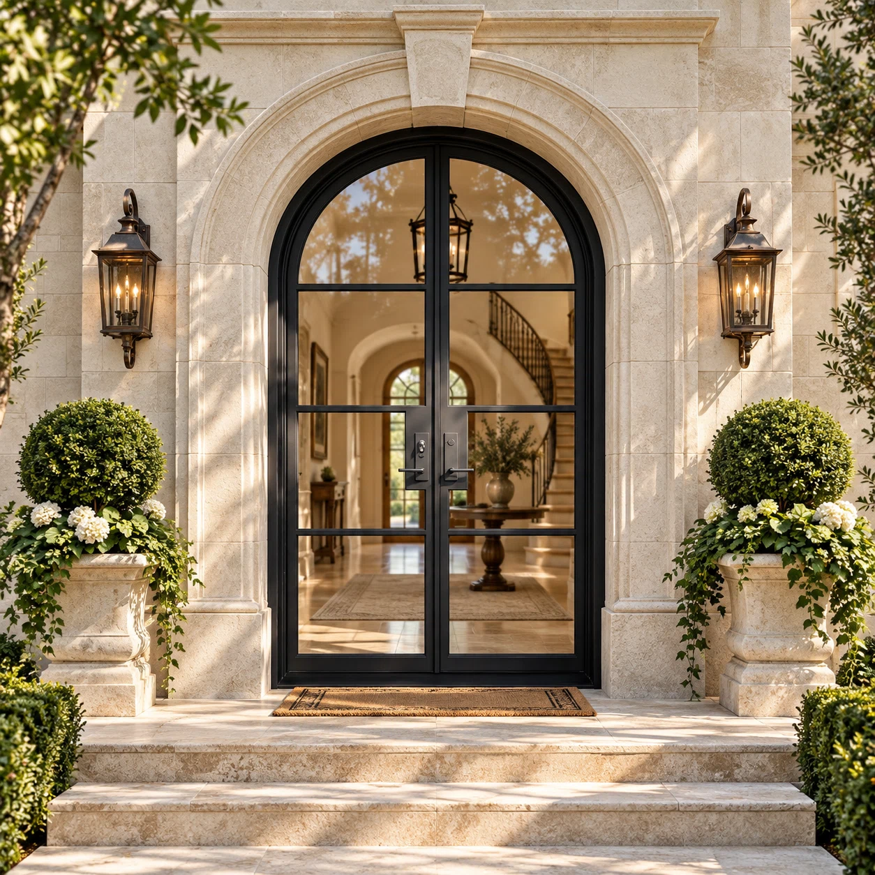 Valemont Arched Double Iron French Door in a luxury limestone setting — design visualization