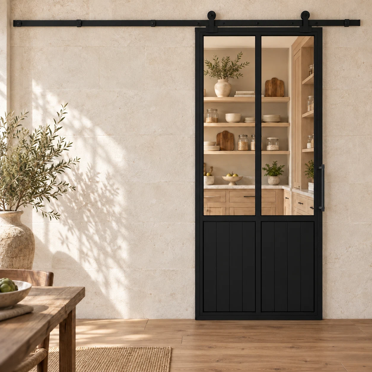 USABD 2 Lite Interior Steel Barn Door — pantry view with included rectangular pull