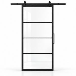 USABD 4 Lite clear glass interior steel barn door with included rectangular pull — studio