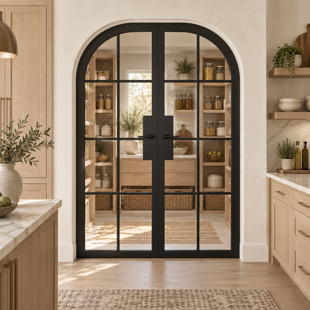 8 Lite Steel Pantry Round Top French Double Door leading into an oak pantry from an ivory kitchen — product visualization