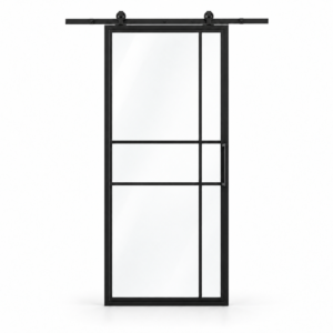 6 Lite Offset Grid clear-glass single interior barn door with included rectangular pull — studio