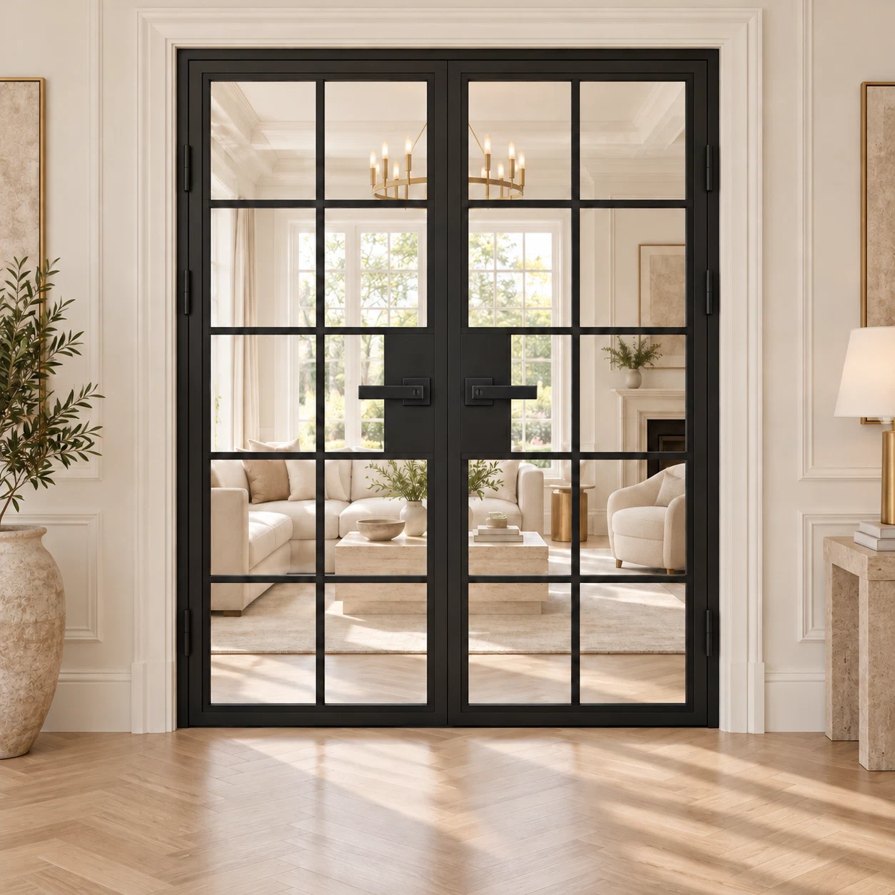 10 Lite double hinged interior steel doors with included rectangular lever hardware — living