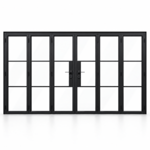 Black 3-Lite - 3+3 Panel Steel Bifold Door on a white background — product visualization