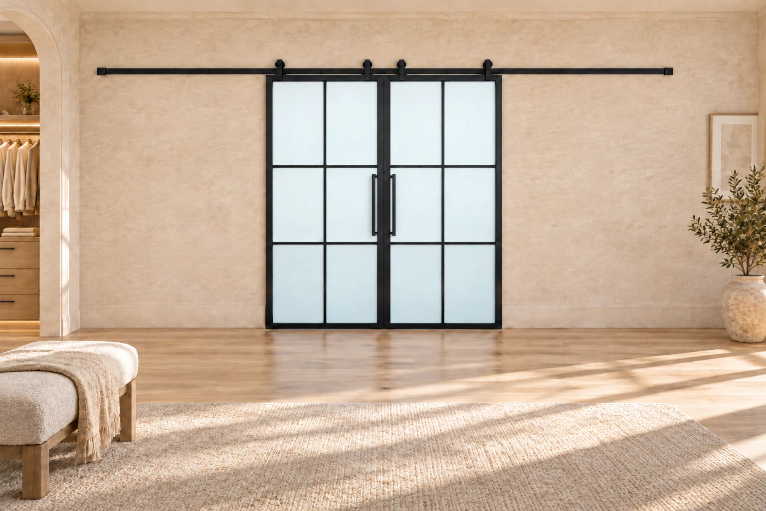 USABD frosted 6 Lite interior double barn door with included rectangular pulls — dressing