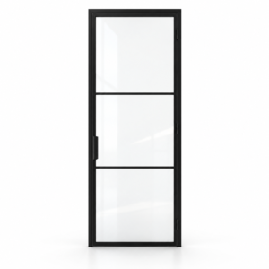 Black three-lite single steel pantry door on white background — product visualization