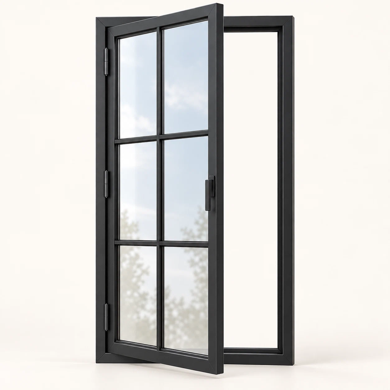 6-lite black steel single casement window shown open with a two-by-three pane pattern — product visualization