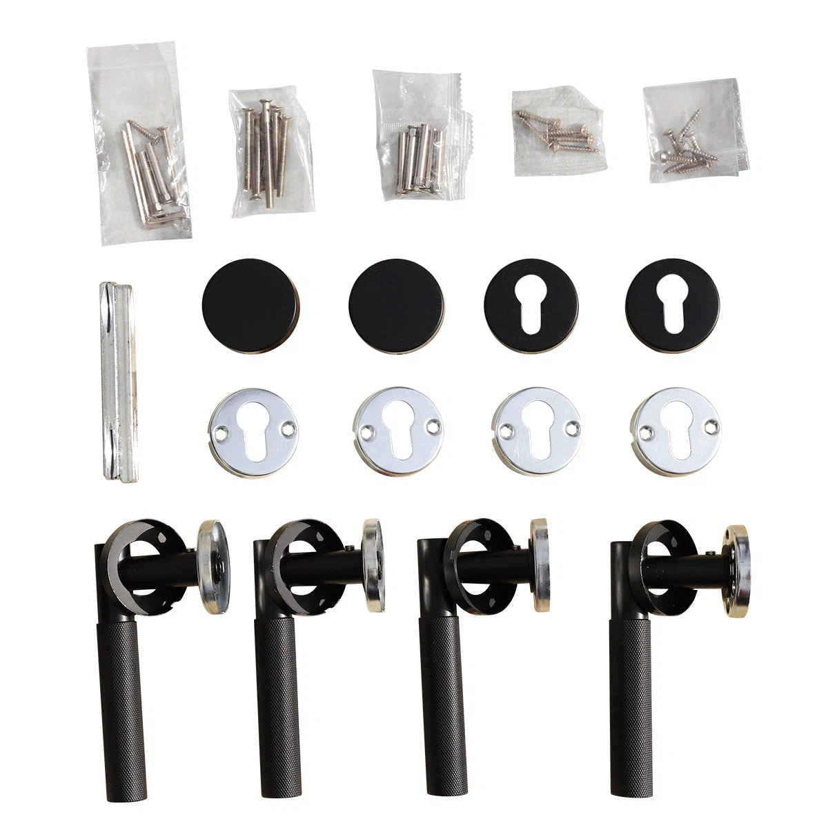A set of black metal door knobs with keyhole covers and installation hardware.