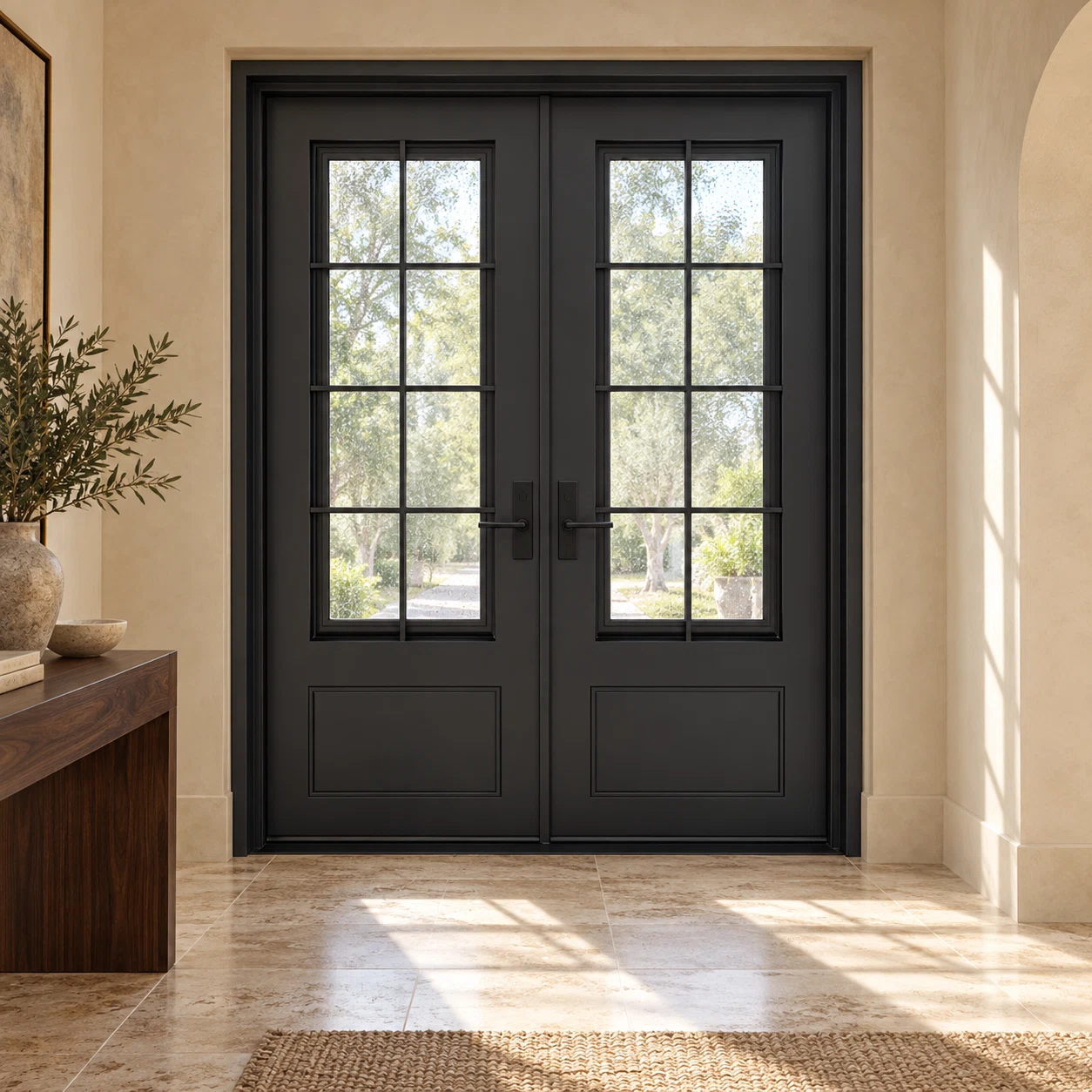 Hudson Double thermally broken black steel door in a luxury interior foyer — lifestyle visualization