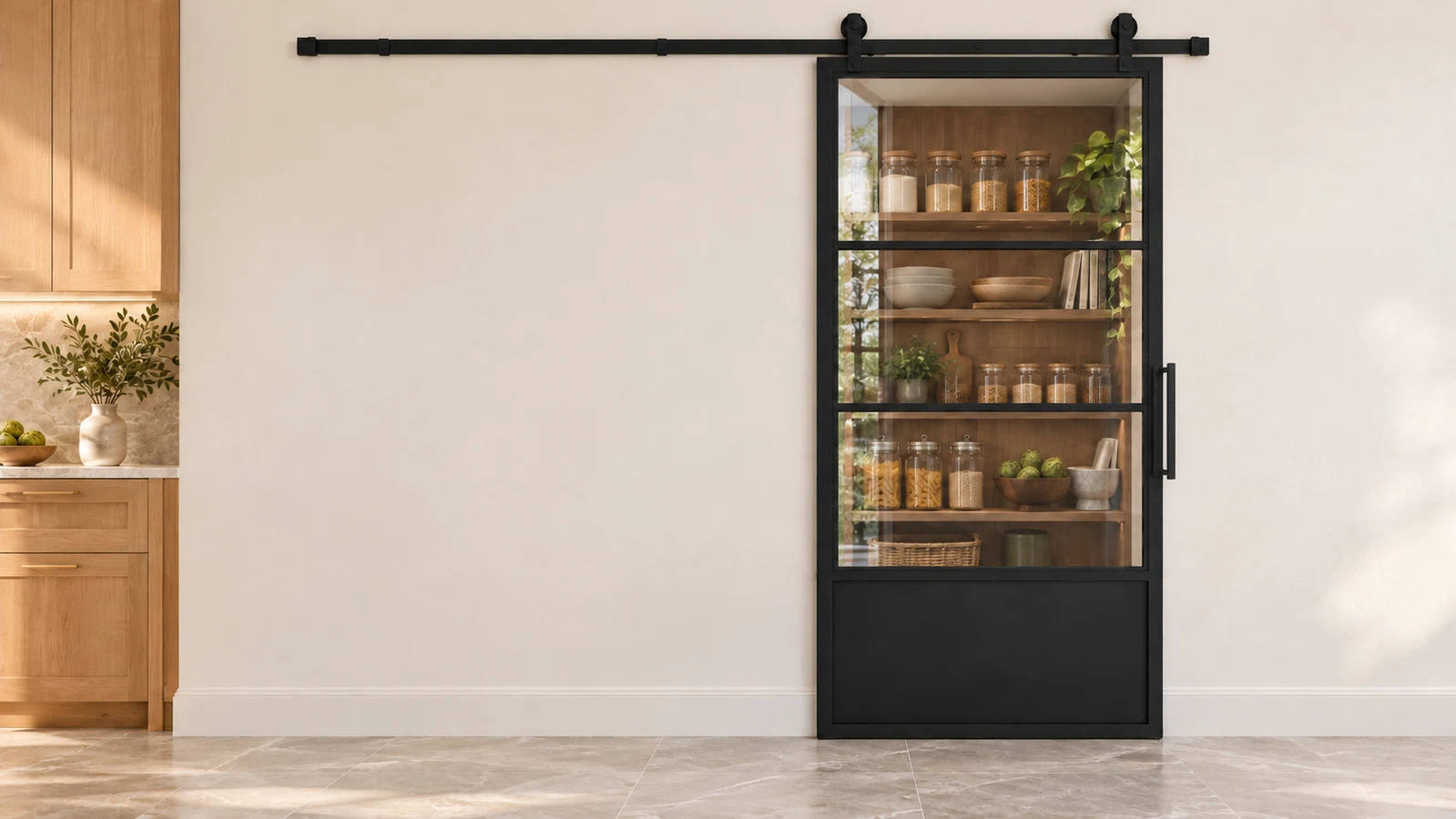 USABD 3 Lite clear-glass interior barn door with steel lower panel and included rectangular pull — pantry