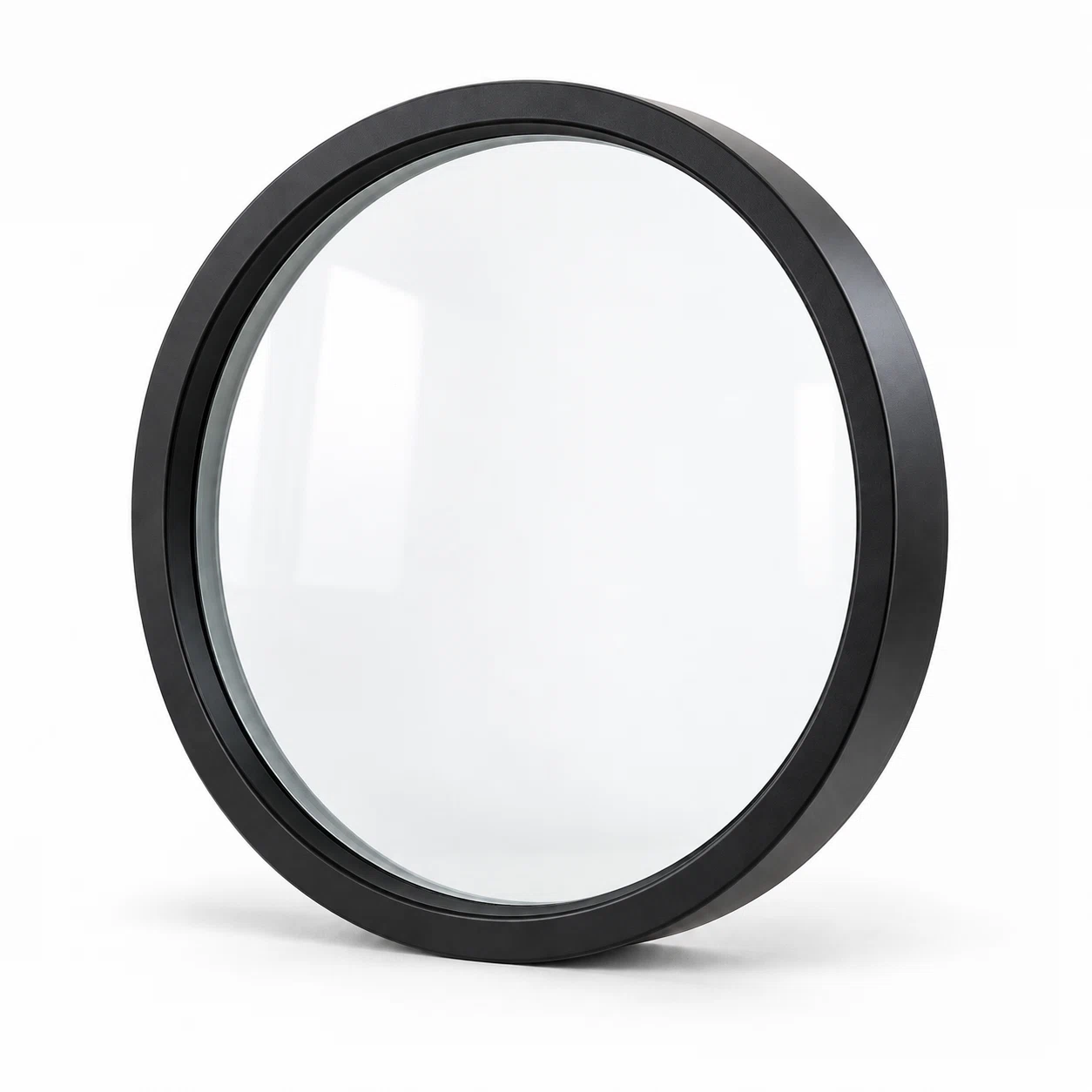 Round fixed steel window, studio setting — architectural visualization