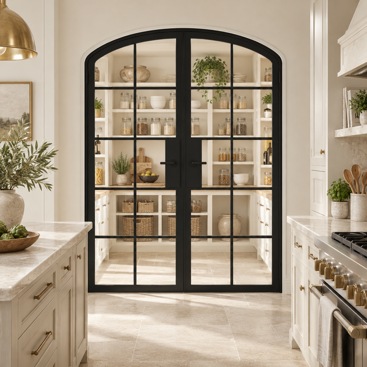 10 Lite Steel Pantry Arched Top French Double Door leading into a cream pantry from a limestone kitchen — product visualization