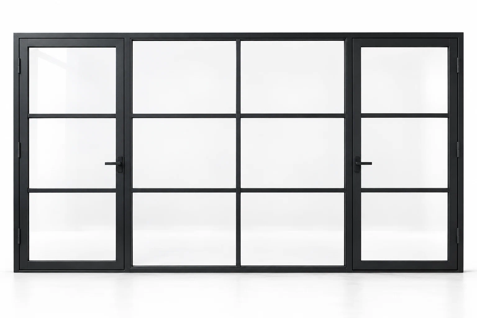 Three-lite dual single steel doors with six-lite fixed center panel — studio AI design visualization; hardware illustrative