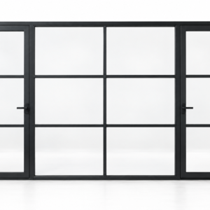 Three-lite dual single steel doors with six-lite fixed center panel — studio AI design visualization; hardware illustrative