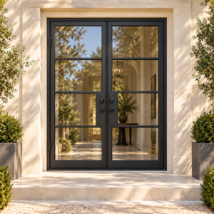 Lite 4 Double thermally broken black steel door in a luxury limestone exterior — lifestyle visualization