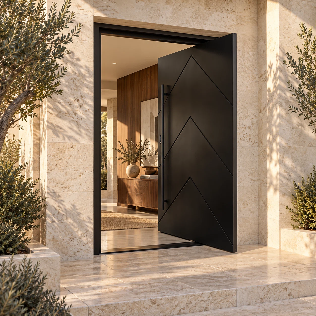 Caspian chevron solid-panel pivot door — lifestyle visualization