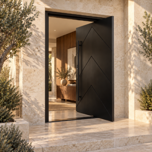 Caspian chevron solid-panel pivot door — lifestyle visualization