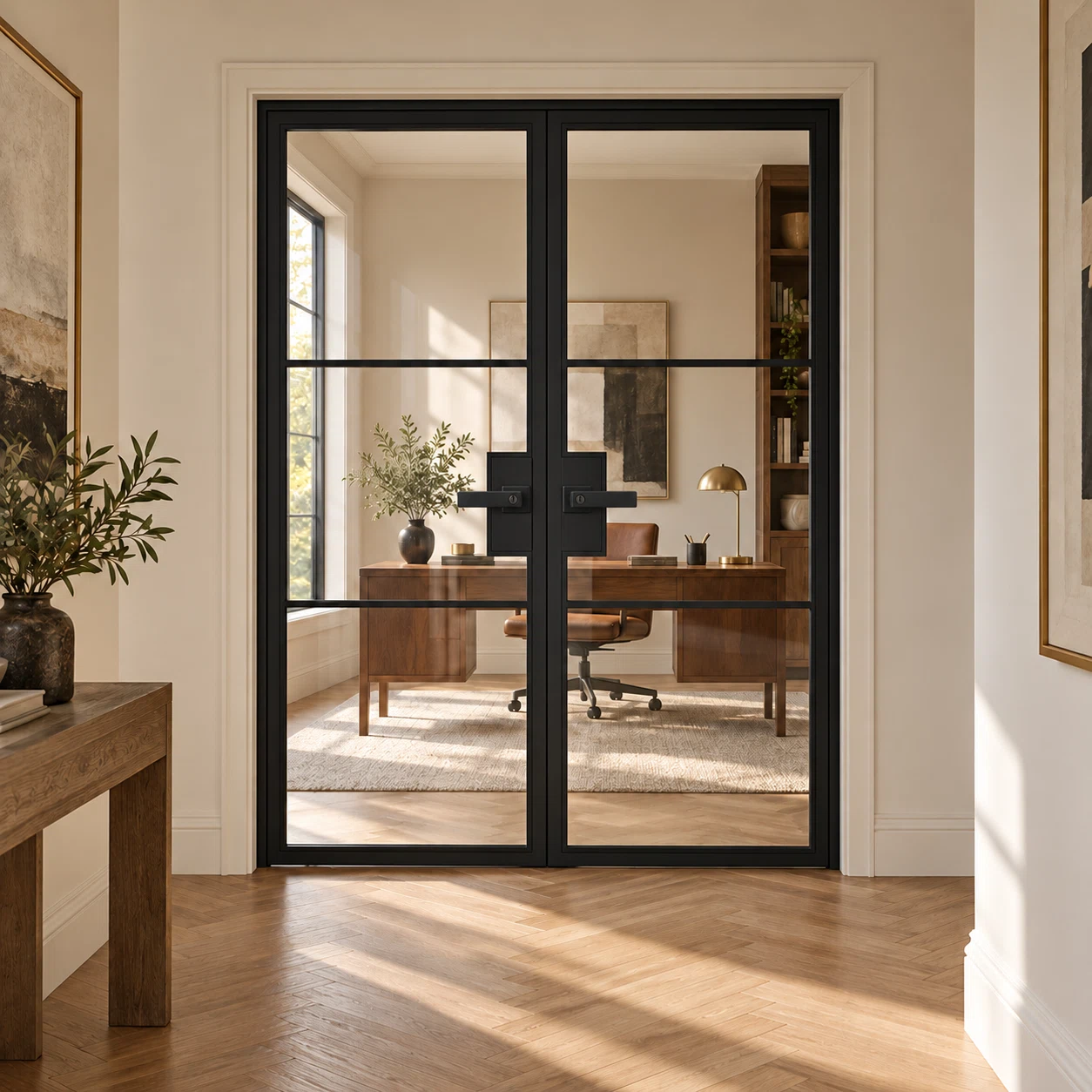 USABD 3 Lite Clear Double French Door with included lever-lock hardware — office