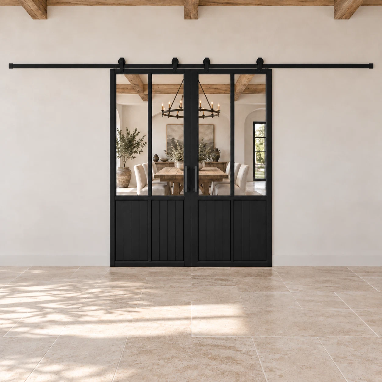 USABD 2 Lite Interior Steel Double Barn Door — dining view with included pulls