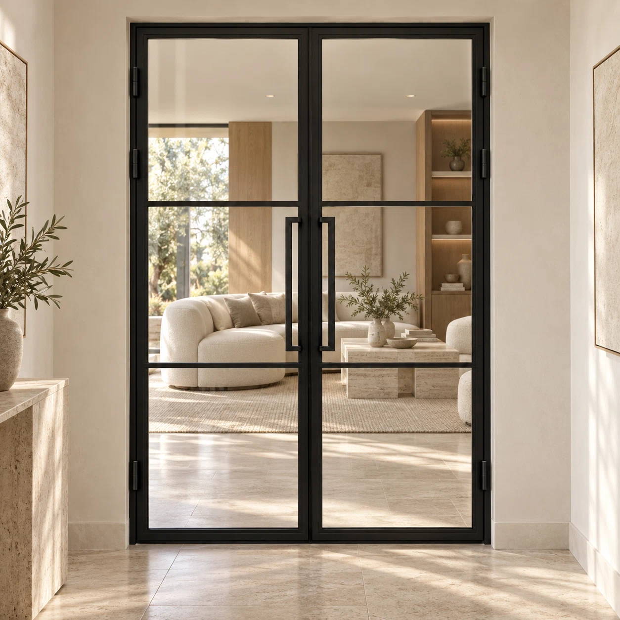 USABD 3 Lite Clear Double French Door with included rectangular tall pulls — living