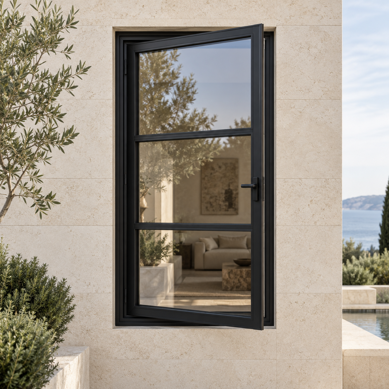 3 Lite black thermally broken aluminum casement window open in an ivory limestone exterior.