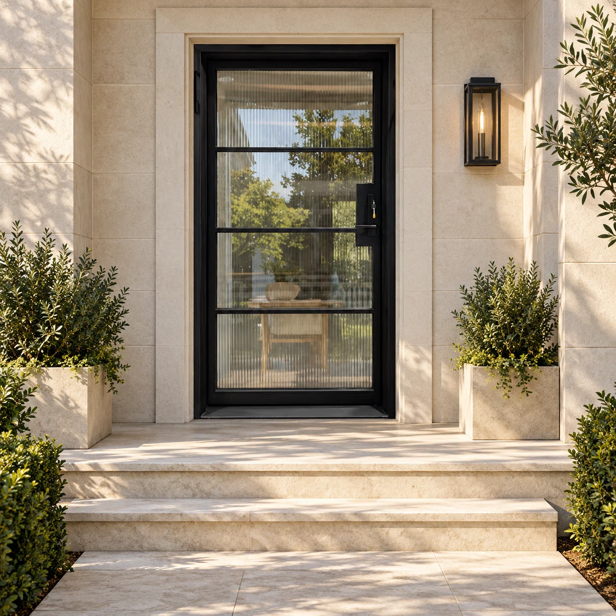 Reedhaven four-lite single iron French door in a luxury limestone setting — design visualization