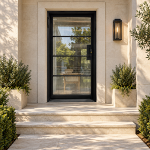 Reedhaven four-lite single iron French door in a luxury limestone setting — design visualization