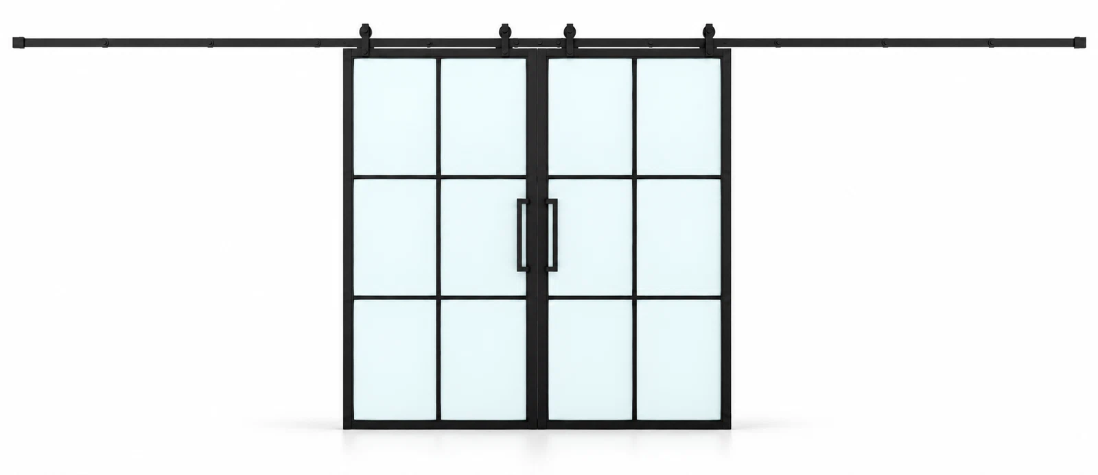USABD frosted 6 Lite interior double barn door with included rectangular pulls — studio