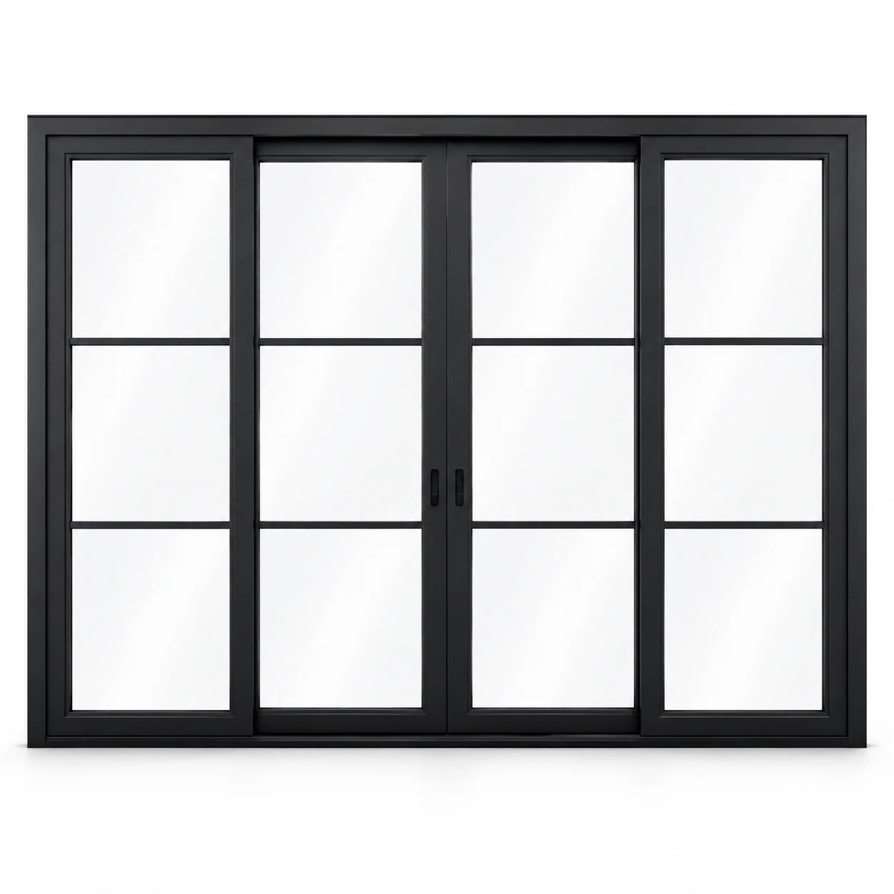 3-lite 4-panel center-opening black steel sliding door on white background — product visualization