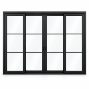 3-lite 4-panel center-opening black steel sliding door on white background — product visualization