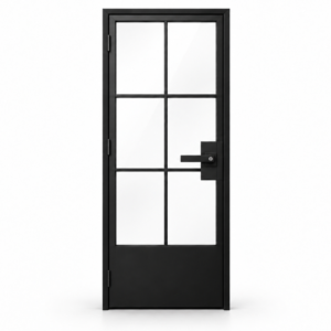 USABD six-lite interior hinged steel door with solid bottom panel and included lever lock — studio