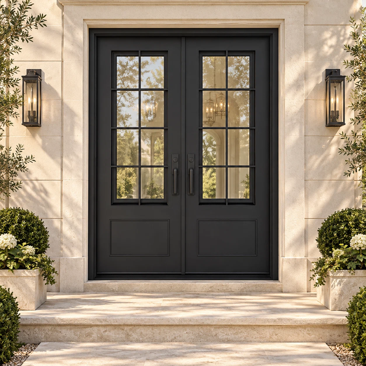 Hudson Double thermally broken black steel door in a luxury limestone exterior — lifestyle visualization