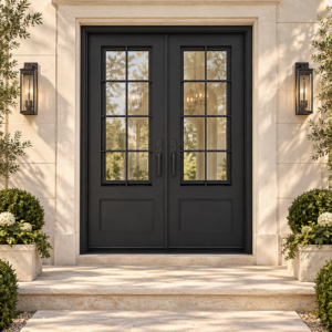 Hudson Double thermally broken black steel door in a luxury limestone exterior — lifestyle visualization