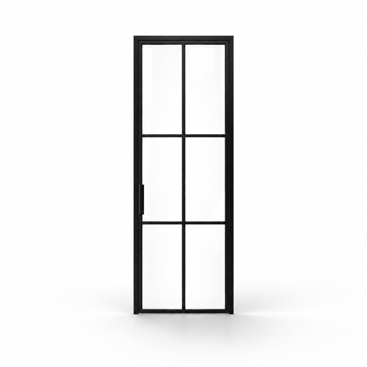 Black 6-lite single steel pantry door on a white background — product visualization