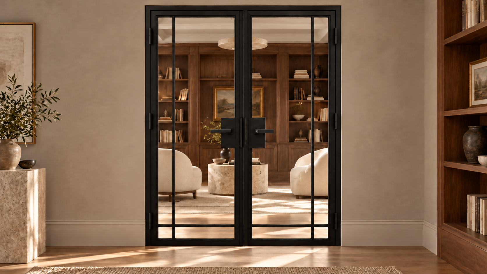 4 Lite Narrow Border Interior Steel Double Door with included lever hardware — library view