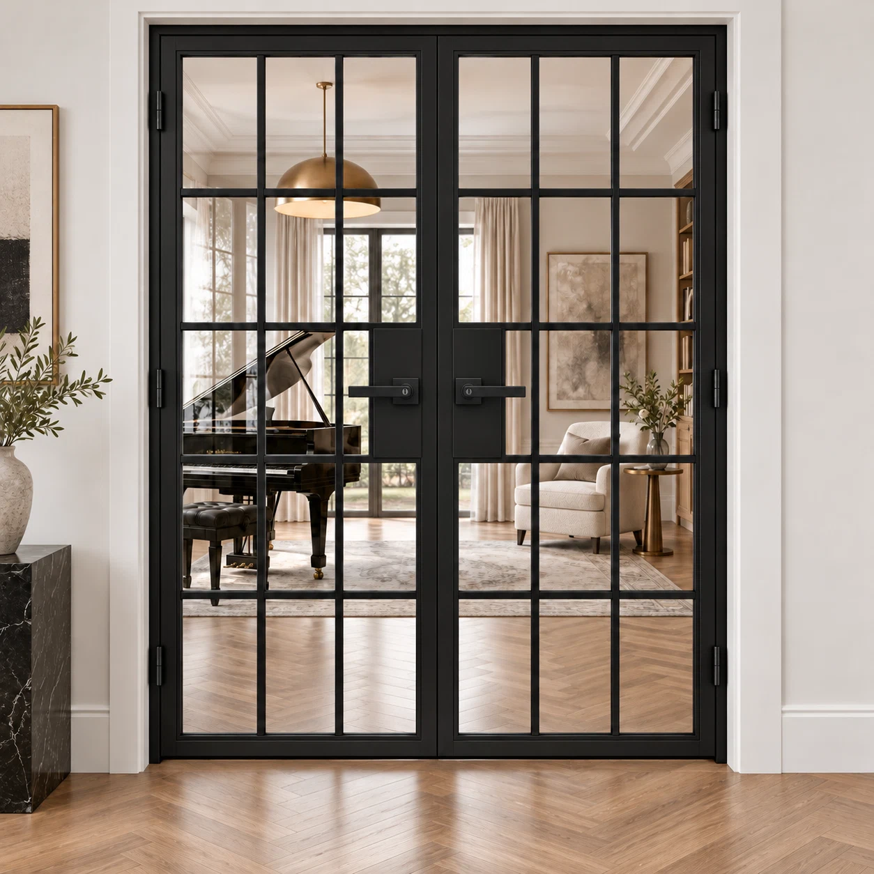 15 Lite double hinged interior steel doors with included rectangular lever hardware — music