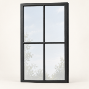 4-lite fixed steel window with a matte black frame and two-by-two glass pane pattern — product visualization