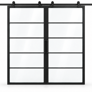 5 Lite double sliding interior steel barn doors with included rectangular pulls — studio