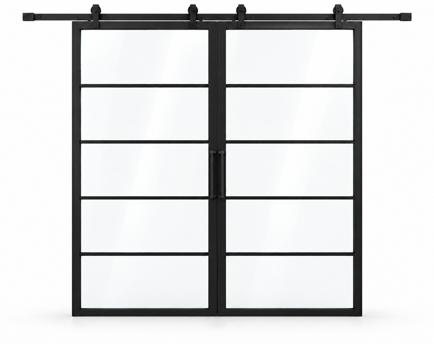 5 Lite double sliding interior steel barn doors with included rectangular pulls — studio